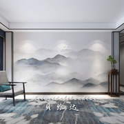 中式水墨画墙纸山水沙发，电视背景墙布意境，中国风禅意客厅茶室壁纸