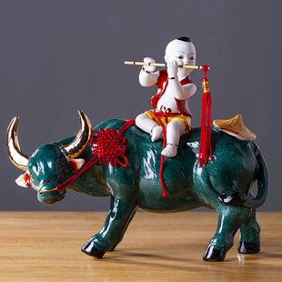 景德镇陶瓷器牧童骑牛古典艺术，摆件家居客厅装饰品工艺品中式摆设
