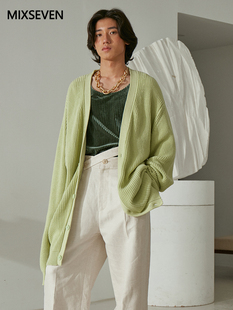 mixseven原创设计春秋苹果绿开衫，v领针织衫，中长款慵懒男女同款