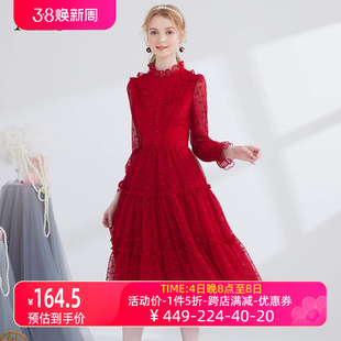 艾丽丝2024春季网纱刺绣中长款红色新年连衣裙，甜美减龄公主裙