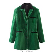 欧美女装 欧洲站复古绿色丝绒休闲西服撞色气质款女士职业外套