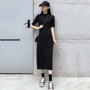 黑色连衣裙女春秋，韩国2023中长款修身显瘦气质t恤直筒打底裙