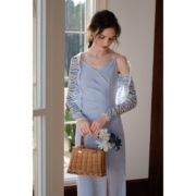 mqueen南法海岸设计感条纹显瘦吊带长裙，开衫洋气时尚两件套3095