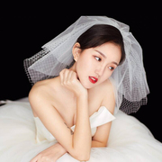 韩式甜美多层蓬蓬网格新娘头纱短款简洁婚纱婚礼森系旅拍造型头纱