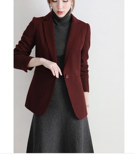 羊毛西装女醇美酒红色客供毛呢，修身一粒扣商务时装春秋小西装外套
