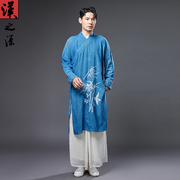 中国风民族服装男士汉服上衣蓝染印花复古亚麻男装中长款斜襟长衫