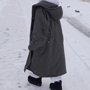 羊羔毛外套(毛外套)女中长款2023年冬季宽松加厚连帽棉服黑色收腰棉衣