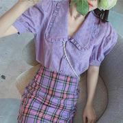 夏季女装法式甜美娃娃领紫色衬衣泡泡短袖设计感小众雪纺上衣小衫