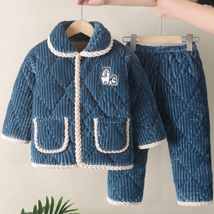 儿童冬季睡衣法兰绒三层加厚夹棉套装宝宝男童女童珊瑚绒男孩特厚