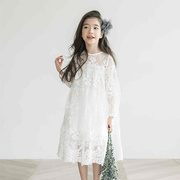 韩版童装春秋夏季款短袖女童，蕾丝连衣裙长袖，中大童裙子白色公主裙