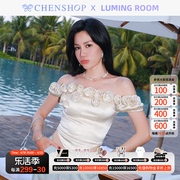 LUMING ROOM手工玫瑰花瓣泡泡袖鱼骨型短上衣CHENSHOP设计师品牌