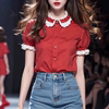 上衣女2024年爆今年流行的漂亮红色娃娃领撞色衬衫独特超好看