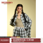 BeerBro 美式学院风格子衬衫女春秋松紧腰宽松短裤休闲套装