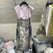 日系花朵针织衫+碎花油画半身裙女夏季复古气质高腰中长裙两件套