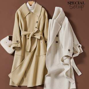 系带长款时髦双面羊绒，大衣女秋冬优雅翻领，100%纯羊毛呢子外套