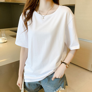 韩系夏装女短袖t恤情侣装上衣，半袖白色2022年宽松长款休闲体恤棉