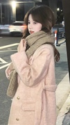 韩系温柔羊毛呢大衣，2023冬季加厚粉色毛呢外套，女高级感小个子