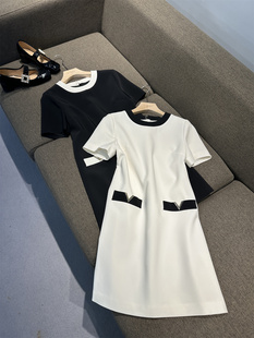 vanlu意式优雅经典黑白，拼色小香风圆领短袖，a字气质通勤连衣裙
