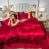婚庆冰丝大红色四件套结婚房1.8米床笠红色，床裙加大被套陪嫁床品