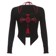 自制 亚文化暗黑修身绑带两件套长袖T针织衫红黑哥特辣妹性感上衣