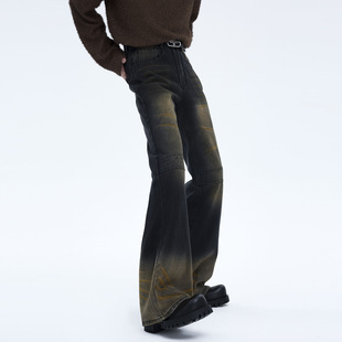 锈色复古微喇牛仔裤男 拼接设计感男生小众潮牌加长版高个子裤子