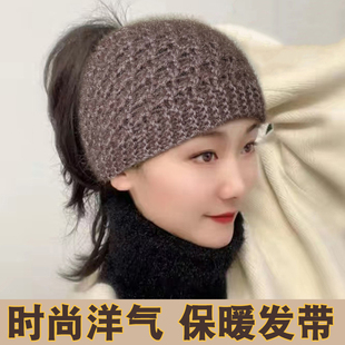 秋冬手工针织发带女保暖护额头套，女遮白发头饰神器头箍毛线发带帽