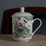 景德镇陶瓷器茶杯带盖骨瓷水杯青花瓷器会议办公杯可定制花色