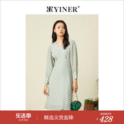 YINER音儿女装春季时尚高腰爱心印花V领长袖连衣裙