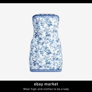 ebay复古宫庭风青花瓷绝美高端气质洋气时尚蓝色花印抹胸连衣裙子