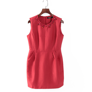 品牌系列 春夏款女装库存折扣大红色收腰无袖连衣裙F1492