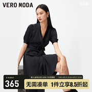 Vero Moda连衣裙2024春夏收腰V领泡泡袖荷叶边小黑裙优雅显瘦