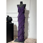 夏季紫色吊带连衣裙，高端精致荷叶边阔太太，气质名媛长裙子礼服