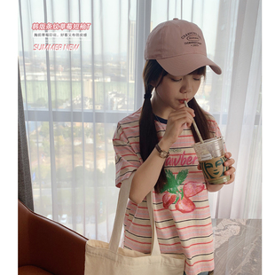 女大童草莓彩条T恤2024夏装青少年韩版时尚条纹短袖亲子上衣