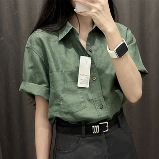 法式墨绿色高级感质感西装，短袖衬衫女士夏季职业面试学生上衣