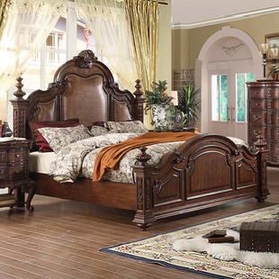 美式实木真皮床双人床，1.8米主卧雕花，欧式床柱子床婚床复古皮艺床