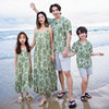 海边度假亲子装母女装一家三口绿色图腾民族风吊带沙滩裙男童衬衫