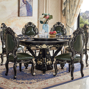 欧式圆桌黑檀色全实木，饭桌家用大理石餐桌椅组合酒店大圆桌带转盘
