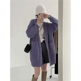 紫色毛衣外套女冬无扣慵懒温柔风加厚气质，中长款针织开衫上衣