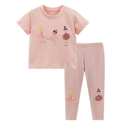 女童粉红色短袖套装儿童打底裤子，夏季套装宝宝纯棉半袖t恤两件套2