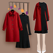 新年红色毛呢外套女秋冬季双面呢妮子大衣配针织连衣裙两件套