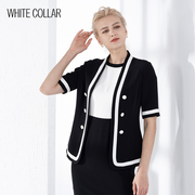 白领女装黑白撞色边爬领双排白扣挂勾短袖上衣短外套BLK22-601
