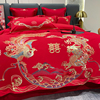 高端全棉刺绣龙凤，婚庆四件套纯棉结婚大红色，中式婚房新婚床上用品