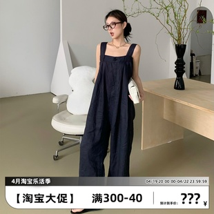 S.L买手店/mskin6 2024夏季帅气藏蓝色宽松亚麻连体背带裤女