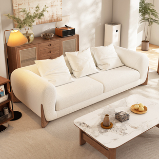泰迪绒奶油风沙发中古侘寂风客厅简约现代直排沙发实木布艺沙发