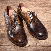 欧美复古男鞋圆头系带大头鞋水洗做旧简约手工做旧擦色休闲皮鞋
