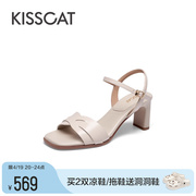 KISSCAT接吻猫2024夏季仙女法式高跟鞋高级粗跟一字带凉鞋女