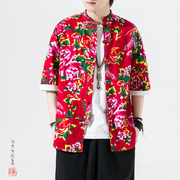 东北大花短袖衬衫男高级感红色牡丹花国潮，外套中国风男装唐装衬衣