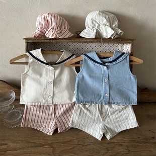 LALA韩国童装24夏男女小童宝宝薄软牛仔海军翻领无袖衬衫T恤