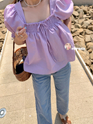 PPSHD韩系夏季温柔可爱泡泡袖减龄系带蝴蝶结宽松巨显白紫色衬衫