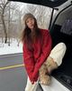exclusivetype韩版复古气质红色，麻花宽松圆领套头，长袖针织毛衣